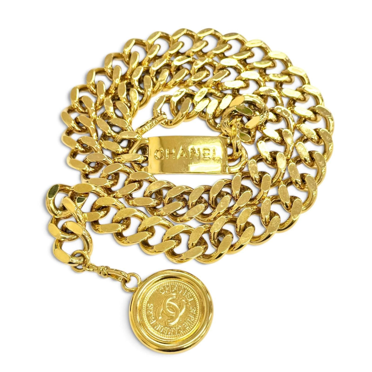 Chanel Vintage 94P CC Logo Coin Motif Plate Chain Belt Gold
