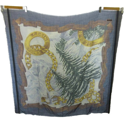Celine Scarf Large All Over Print Fringe Wool Silk Blend Navy