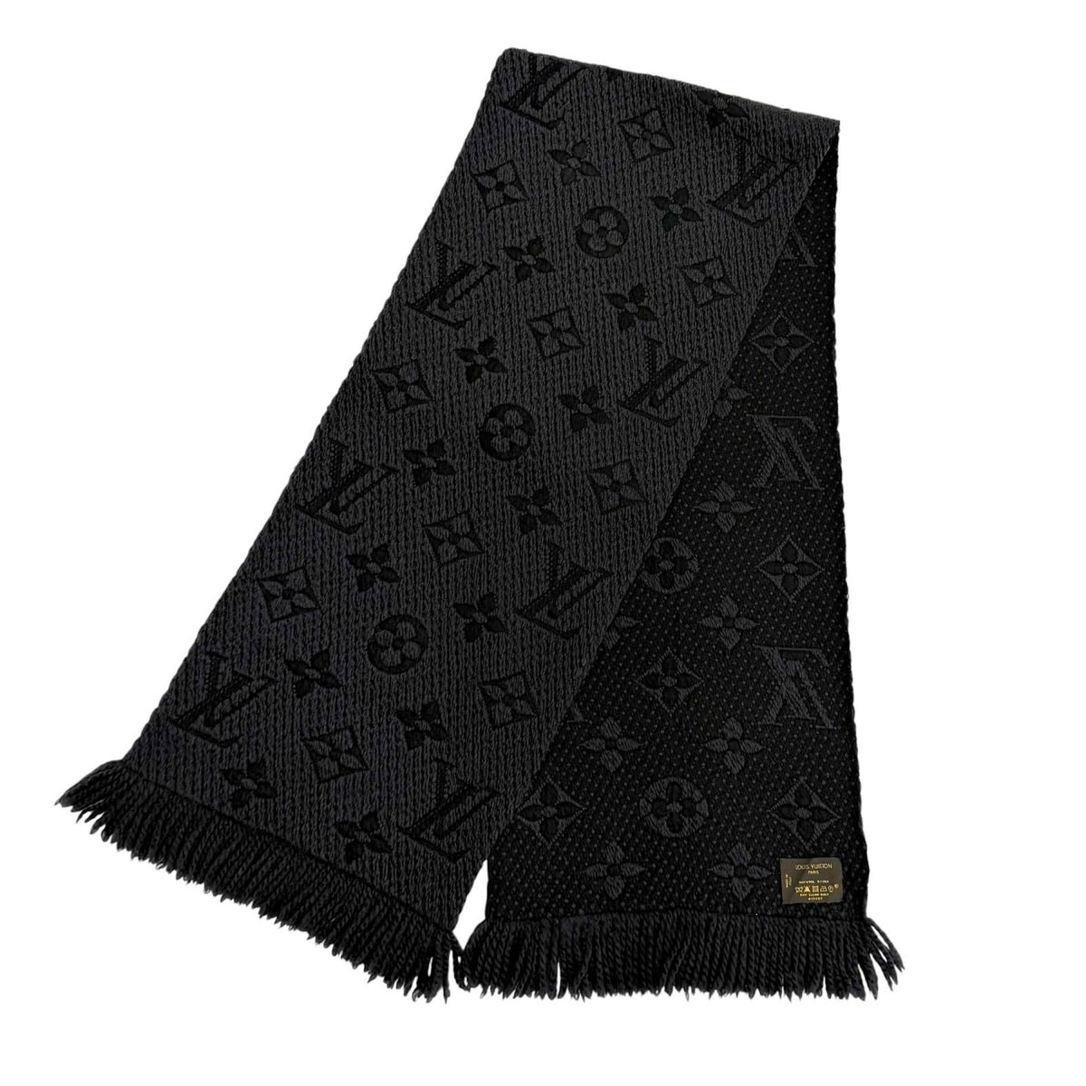 Louis Vuitton Logomania Scarf Wool Silk Blend Monogram Fringe Black — view 3