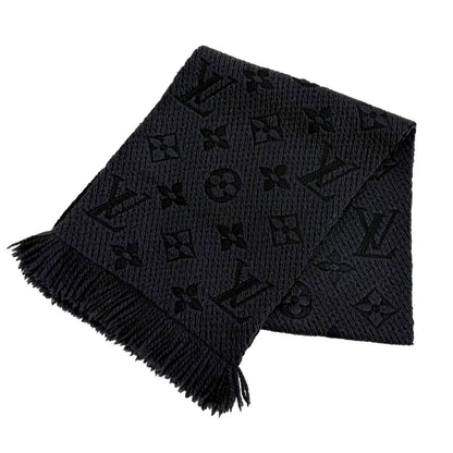 Louis Vuitton Logomania Scarf Wool Silk Blend Monogram Fringe Black