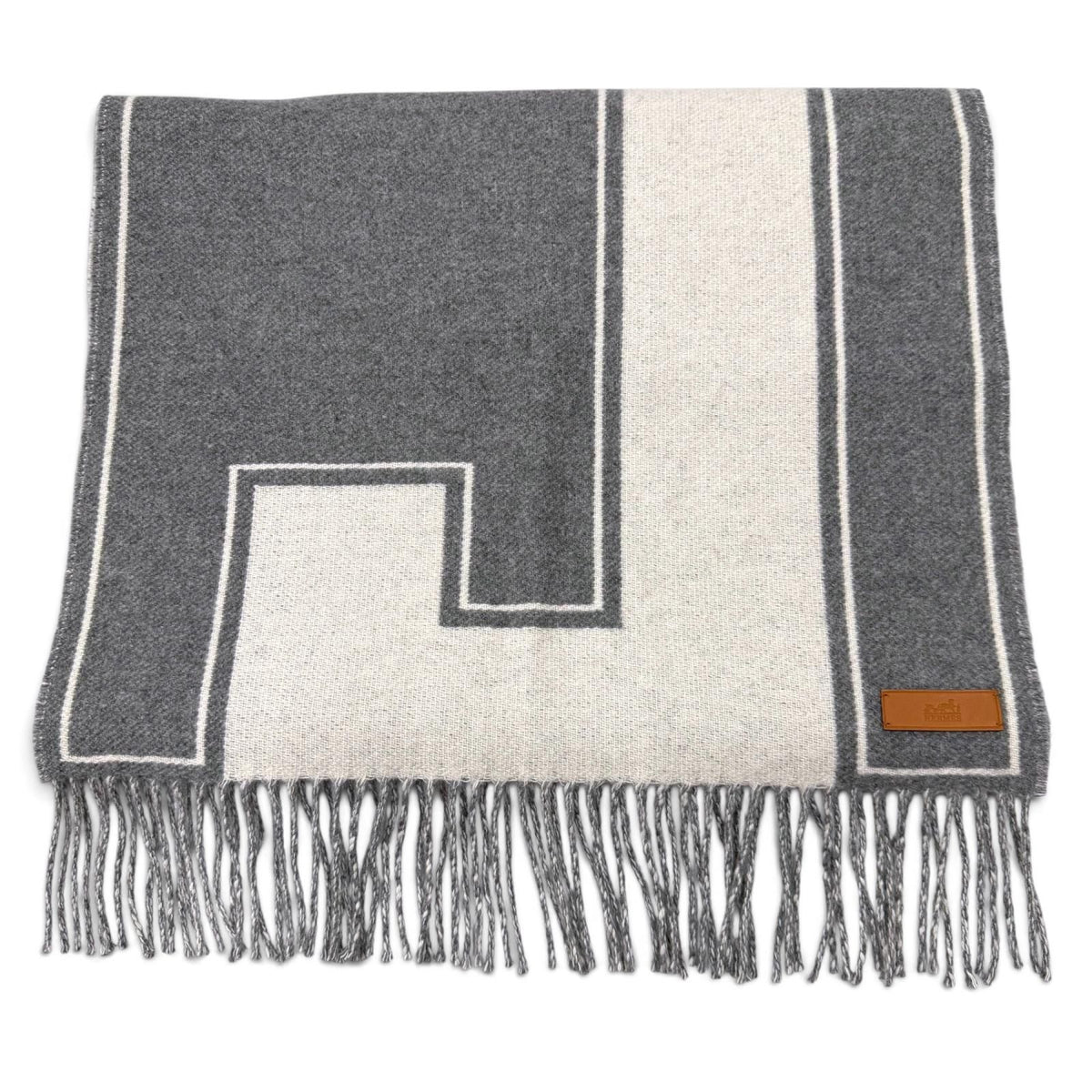 Hermes Cle de H Cashmere 100% Sheep Leather Patch with Fringe Scarf Gray