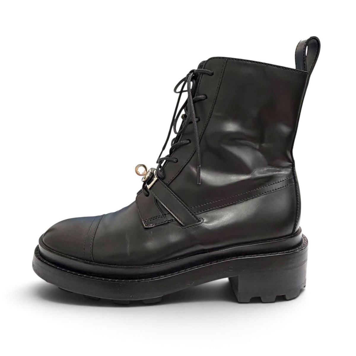 Hermes Funk Kelly Buckle Lace-up Leather Ankle Boots Short Black — view 6