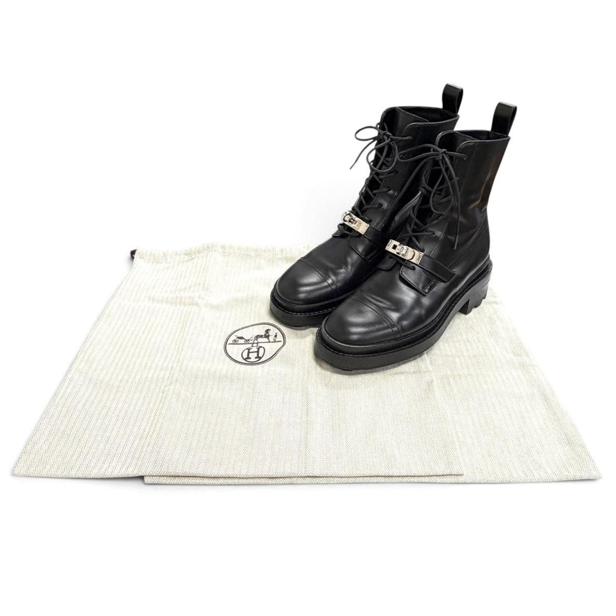 Hermes Funk Kelly Buckle Lace-up Leather Ankle Boots Short Black — view 2