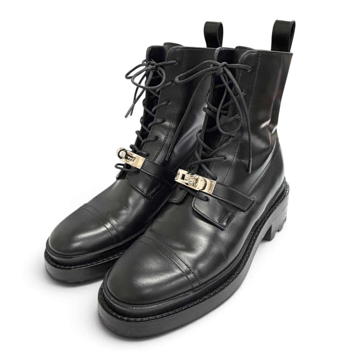 Hermes Funk Kelly Buckle Lace-up Leather Ankle Boots Short Black