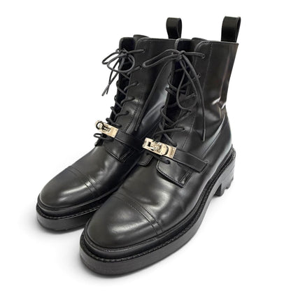 Hermes Funk Kelly Buckle Lace-up Leather Ankle Boots Short Black