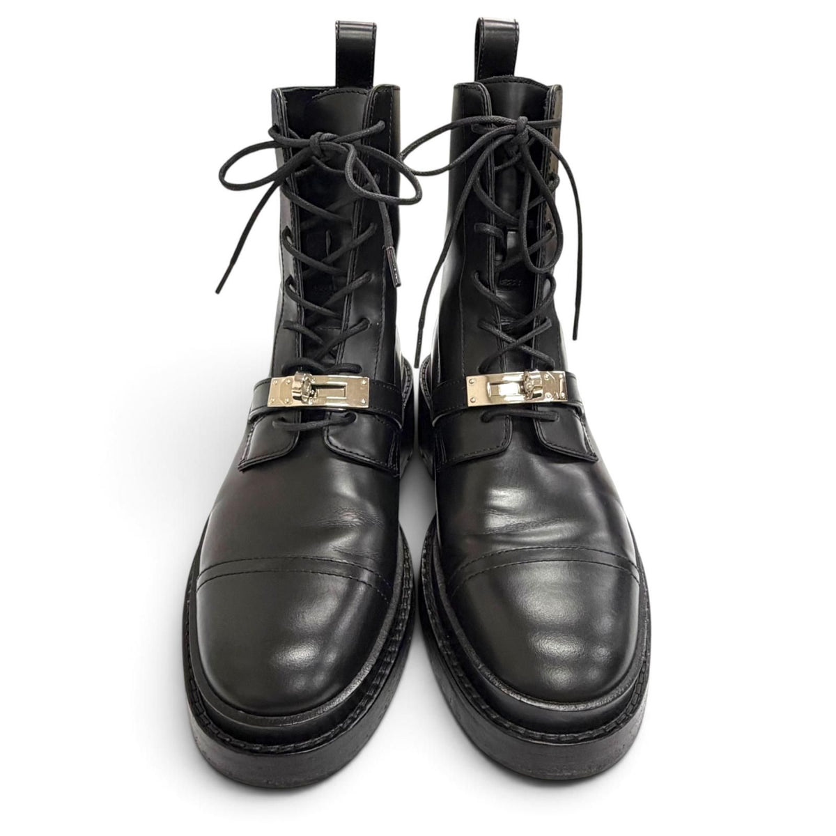 Hermes Funk Kelly Buckle Lace-up Leather Ankle Boots Short Black — view 3