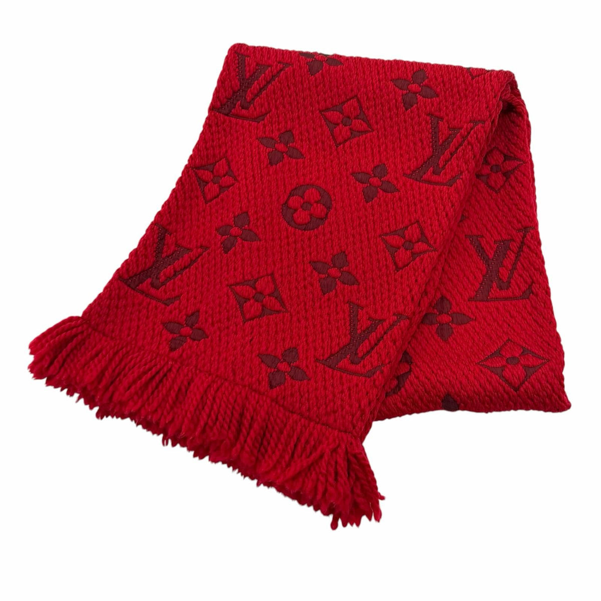 Louis Vuitton Logomania Scarf Wool Silk Blend Ruby Monogram Fringe