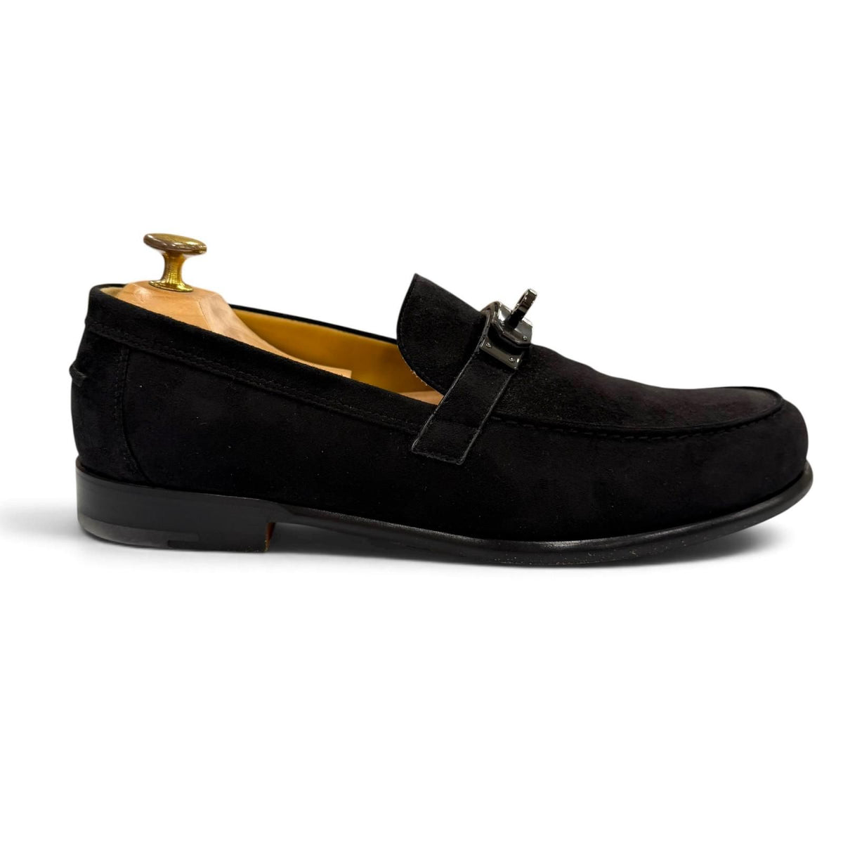 Hermes Suede Leather Kelly Buckle Tip Shoes Loafers Black Business — view 6