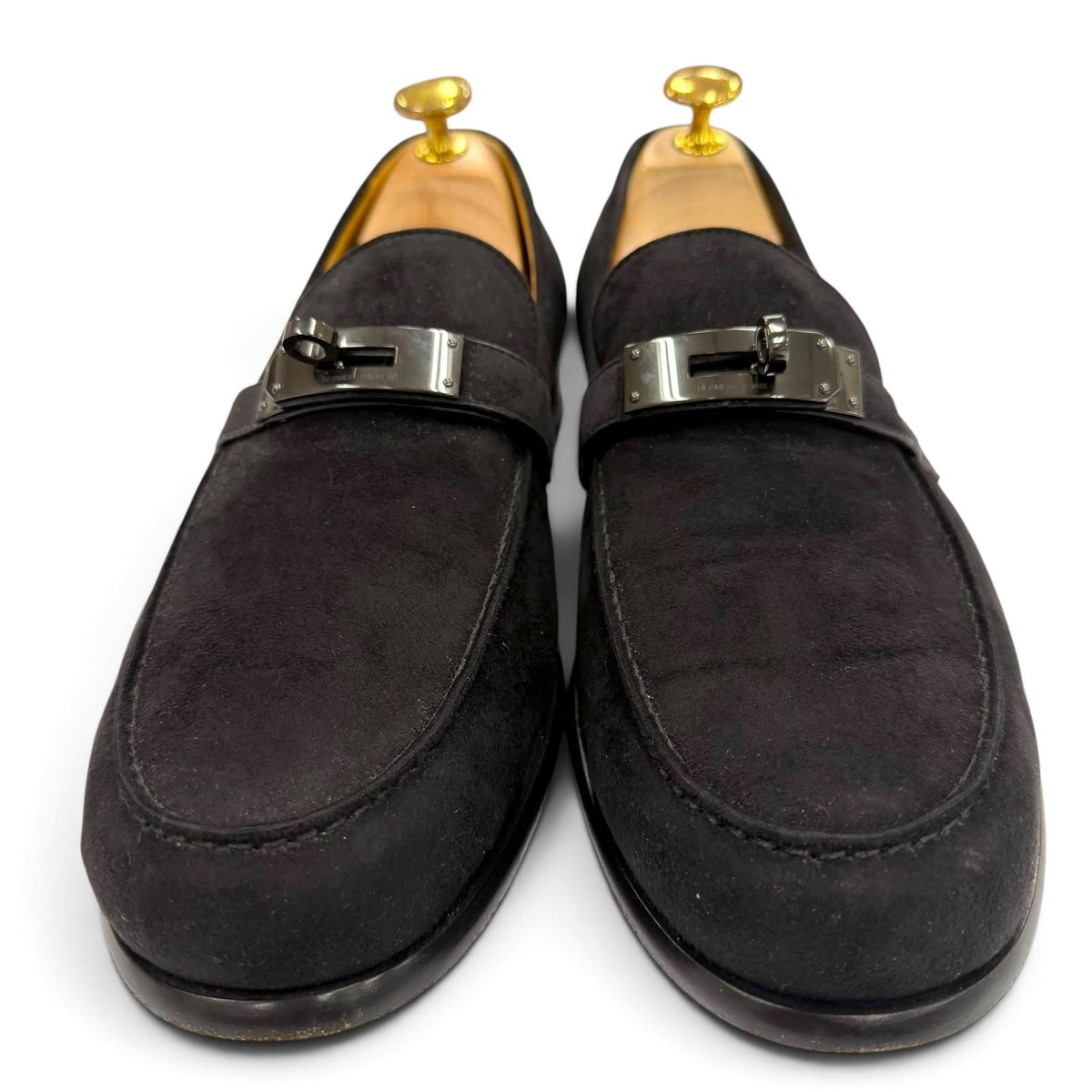 Hermes Suede Leather Kelly Buckle Tip Shoes Loafers Black Business — view 2