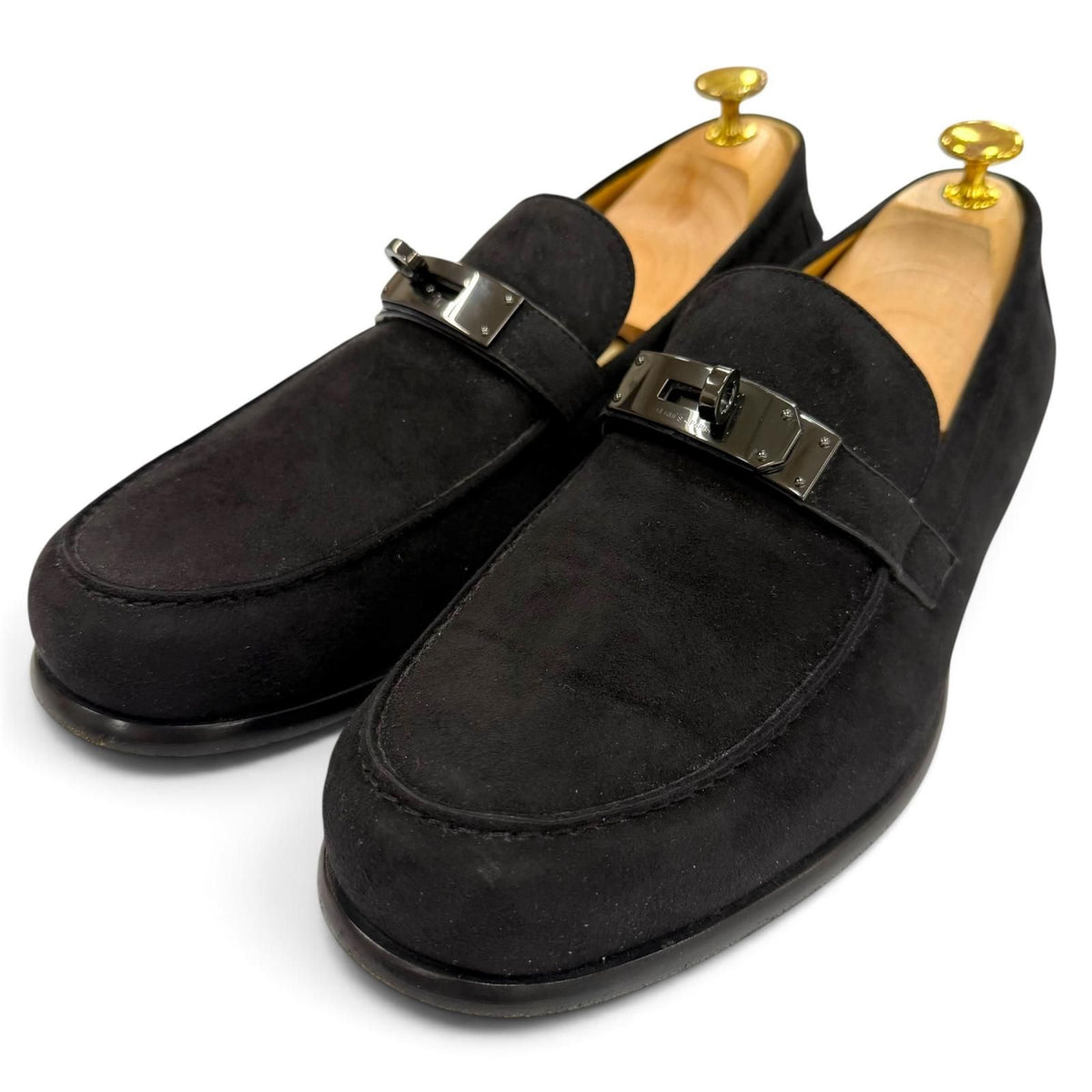 Hermes Suede Leather Kelly Buckle Tip Shoes Loafers Black Business