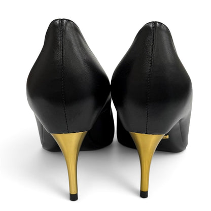 Gucci Pointed Toe Stiletto Heels Leather Pumps Black Gold — view 4