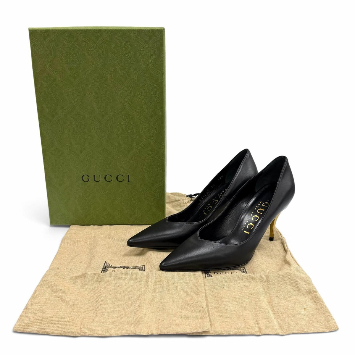 Gucci Pointed Toe Stiletto Heels Leather Pumps Black Gold — view 2