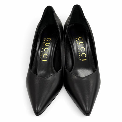Gucci Pointed Toe Stiletto Heels Leather Pumps Black Gold — view 3