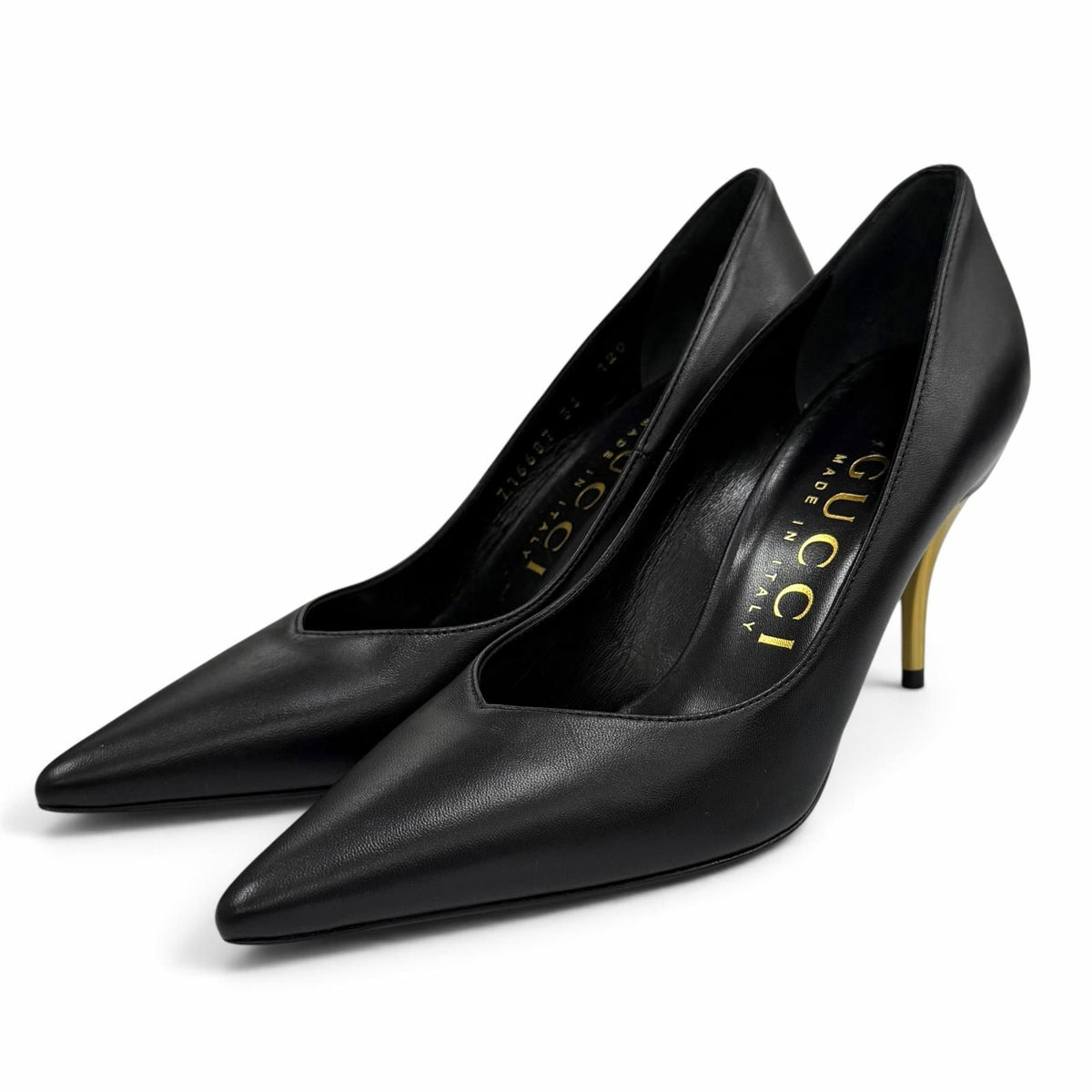 Gucci Pointed Toe Stiletto Heels Leather Pumps Black Gold