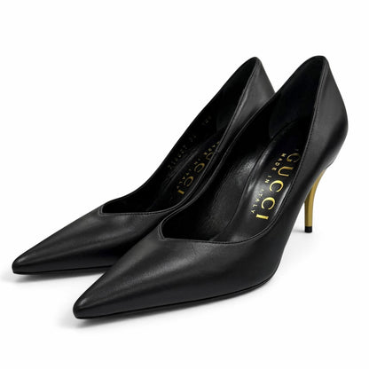 Gucci Pointed Toe Stiletto Heels Leather Pumps Black Gold