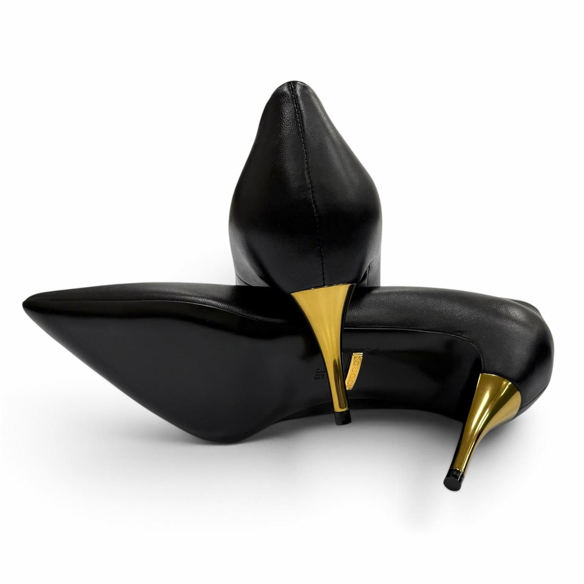 Gucci Pointed Toe Stiletto Heels Leather Pumps Black Gold — view 5