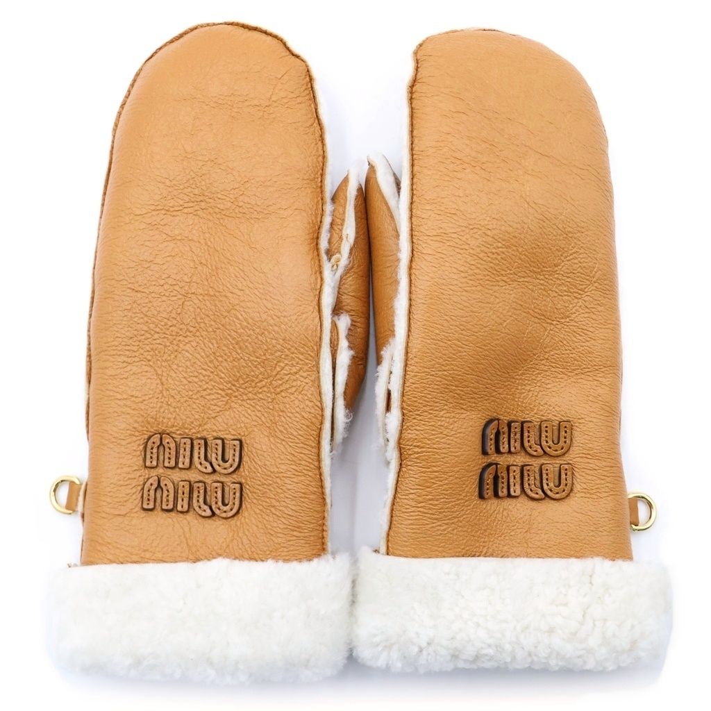 Miu Miu Sheep Skin Leather Globe Sheepskin Glove Logo Shearling Mitten Shape