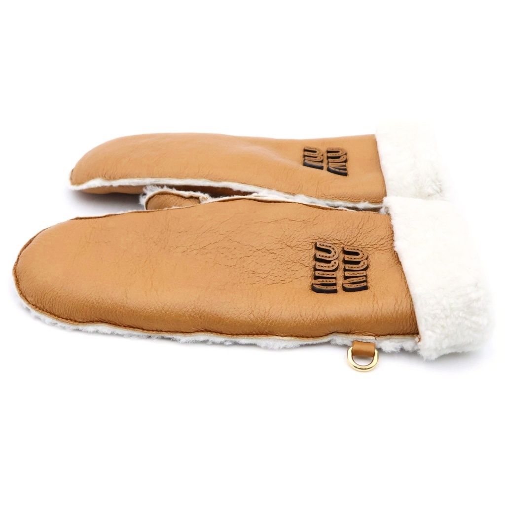 Miu Miu Sheep Skin Leather Globe Sheepskin Glove Logo Shearling Mitten Shape — view 3