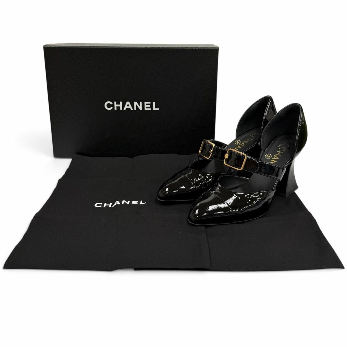 Chanel CC Logo Belt Design Pointed Toe Patent Leather Pumps Black Heels — view 2