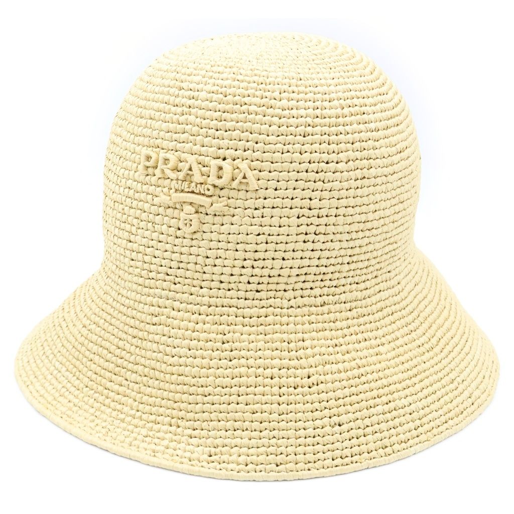 Prada Clochette Hat Letter Ring Logo Raffia Bucket Hat Beige
