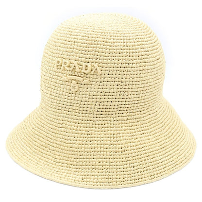 Prada Clochette Hat Letter Ring Logo Raffia Bucket Hat Beige