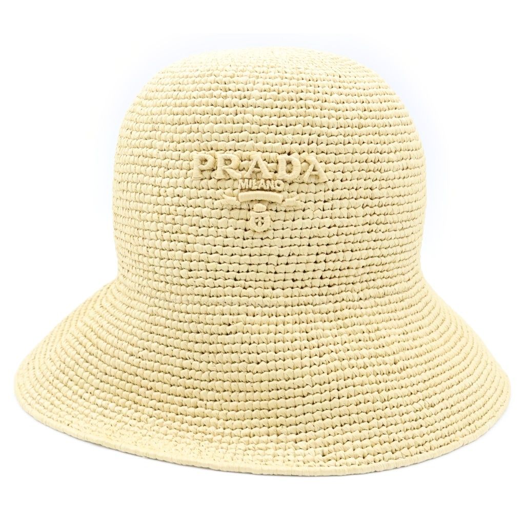 Prada Clochette Hat Letter Ring Logo Raffia Bucket Hat Beige — view 4