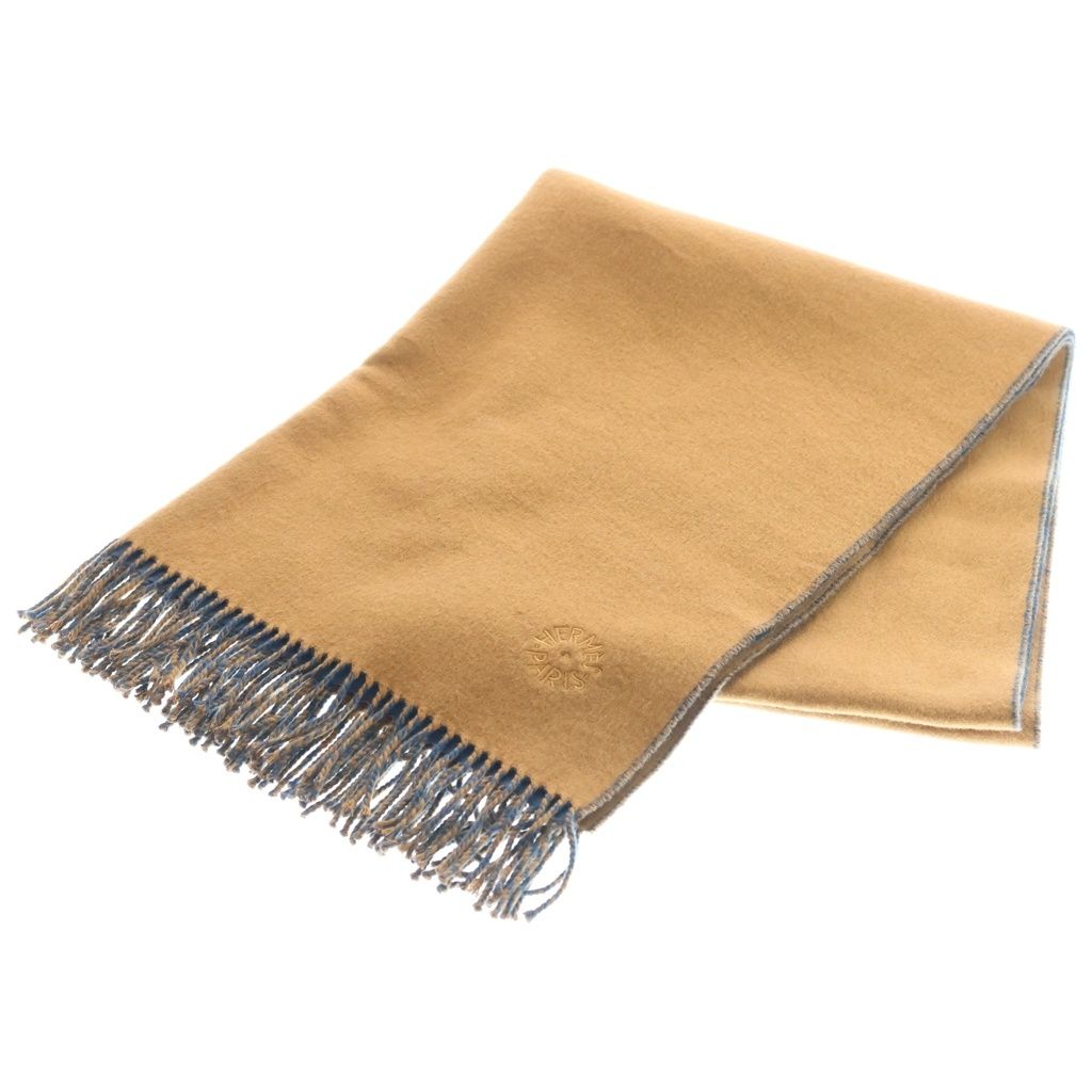 Hermes Recto Verso Logo Embroidery Cashmere Large Scarf Brown Blue