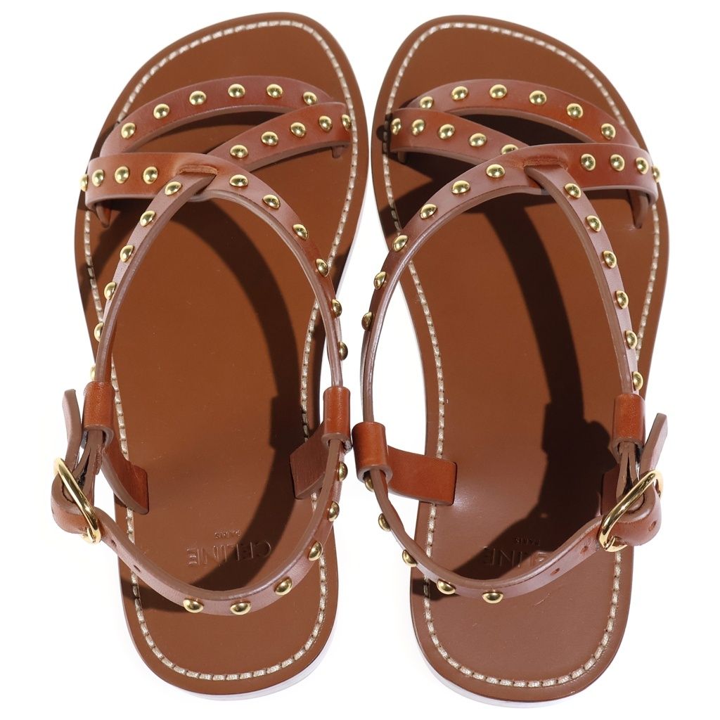 Celine Studded Leather Sandals Shoes Gold Brown — view 4