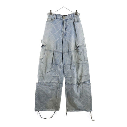 Balenciaga Logo All Over Print Distressed Baggy Denim Pants Indigo