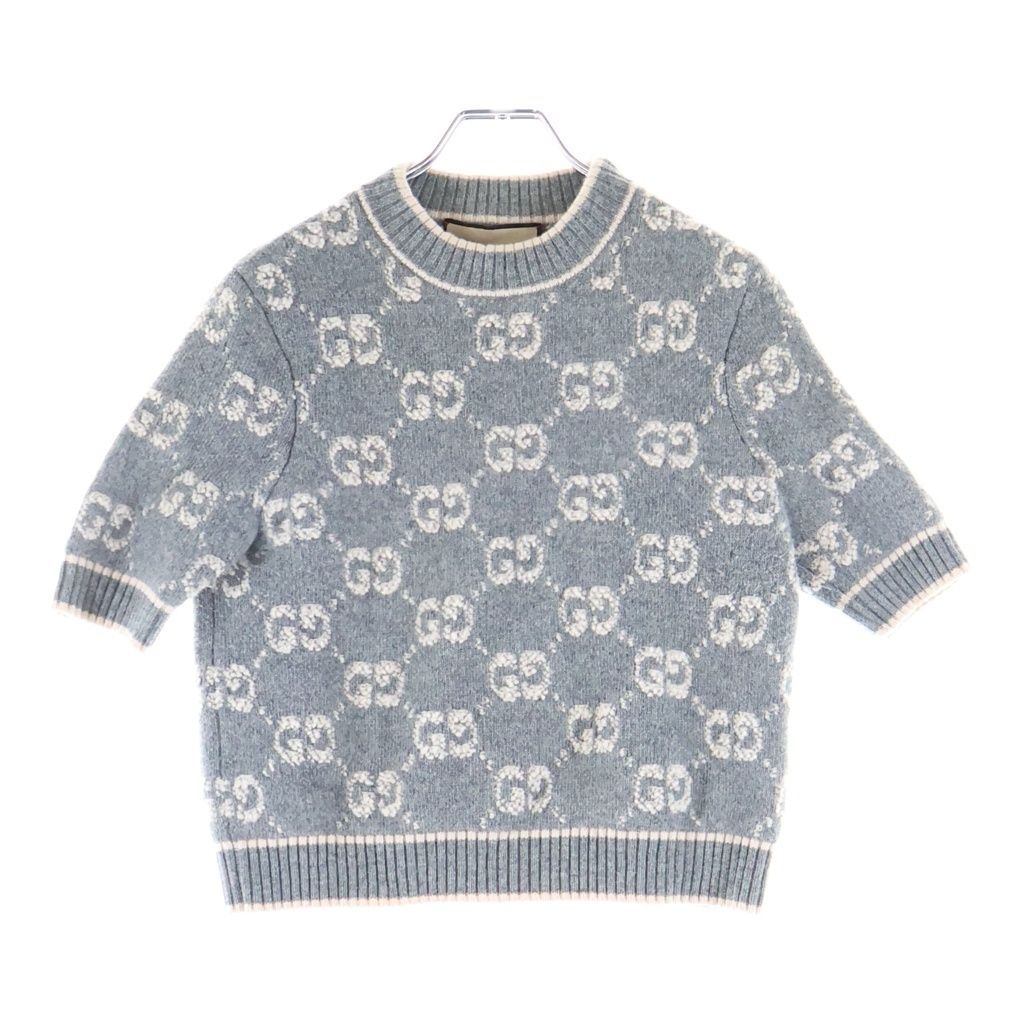 Gucci GG Boucle Wool Jacquard Top Short Sleeve Knit Gray Beige Sweater