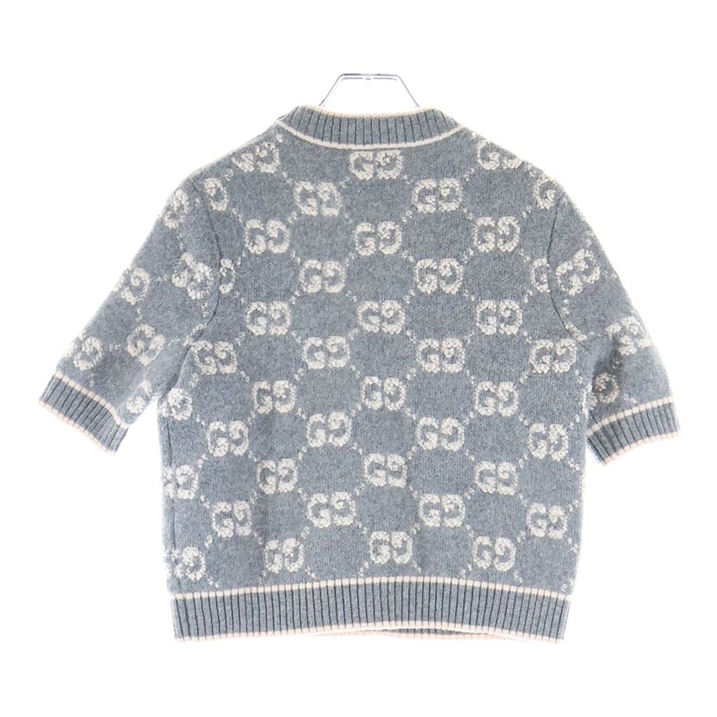 Gucci GG Boucle Wool Jacquard Top Short Sleeve Knit Gray Beige Sweater — view 2