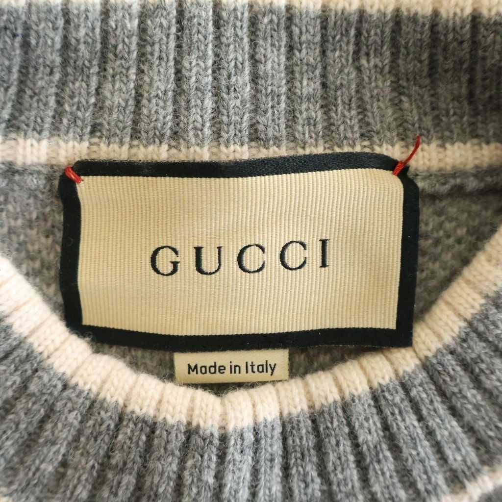 Gucci GG Boucle Wool Jacquard Top Short Sleeve Knit Gray Beige Sweater — view 6