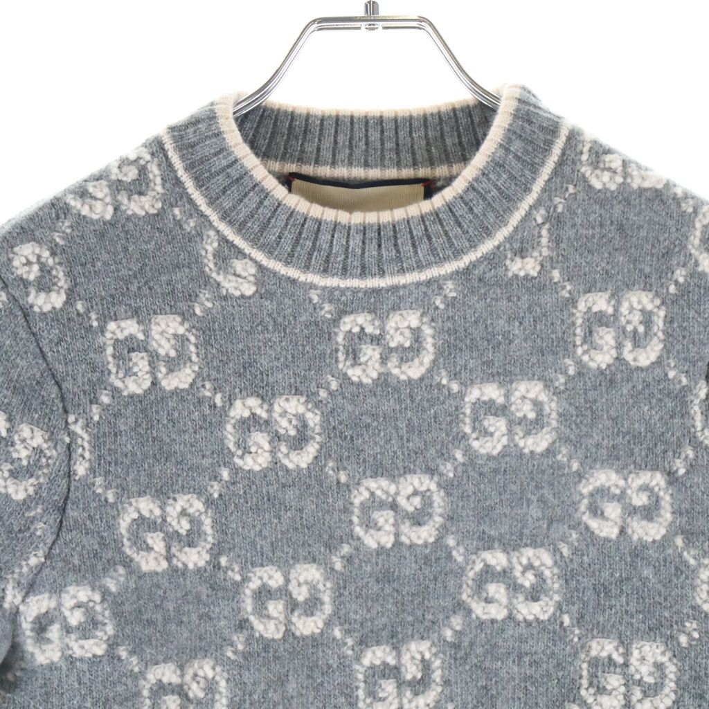 Gucci GG Boucle Wool Jacquard Top Short Sleeve Knit Gray Beige Sweater — view 3