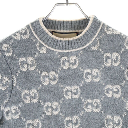 Gucci GG Boucle Wool Jacquard Top Short Sleeve Knit Gray Beige Sweater — view 3