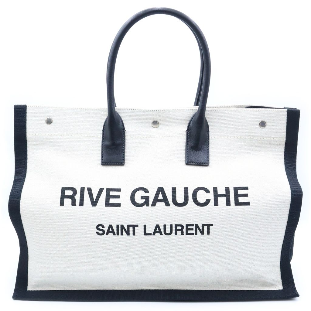 Saint Laurent Paris Rive Gauche Rib Logo Print Tote Bag White Black