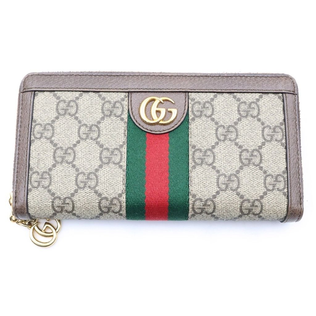 Gucci GG Supreme Ophidia Wallet Card Case Brown Leather Gold