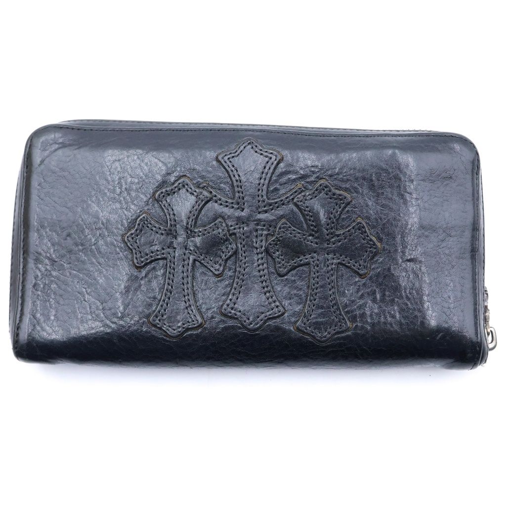 Chrome Hearts Rec Zip 3 Cross Round Zip Leather Wallet Black