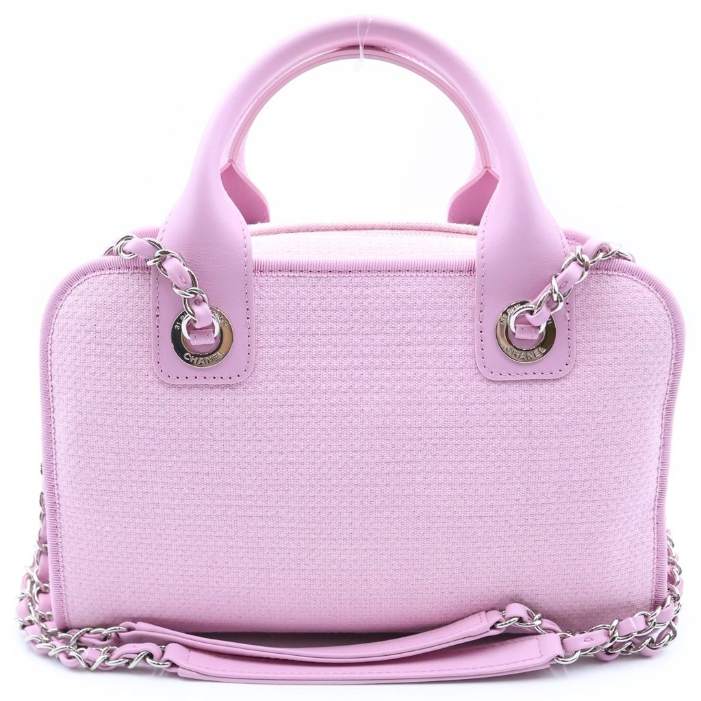 Chanel Deauville Bowling Bag 2-Way Chain Pink Leather Canvas Plate Silver — view 2