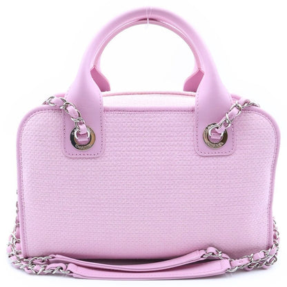 Chanel Deauville Bowling Bag 2-Way Chain Pink Leather Canvas Plate Silver — view 2