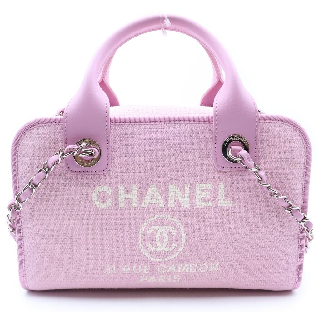 Chanel Deauville Bowling Bag 2-Way Chain Pink Leather Canvas Plate Silver