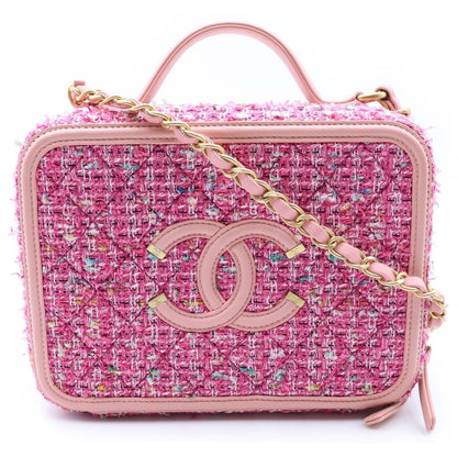 Chanel Vanity Case CC Filigree 2-Way Chain Shoulder Bag Pink Leather Tweed Gold