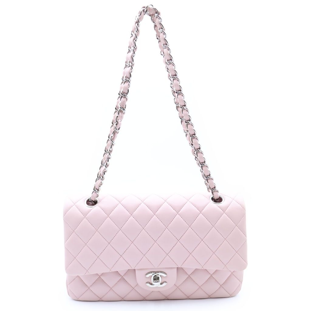 Chanel Quilted 25 Double Flap Chain Shoulder Bag Pink Lambskin Silver