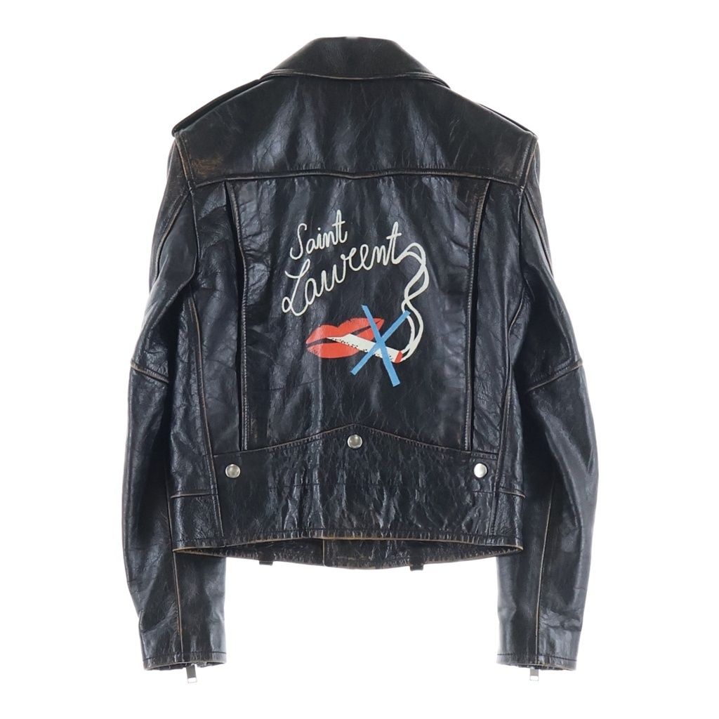 Saint Laurent Paris Smoking Lips Motorcycle Jacket Distressed Rider's Leather — view 2