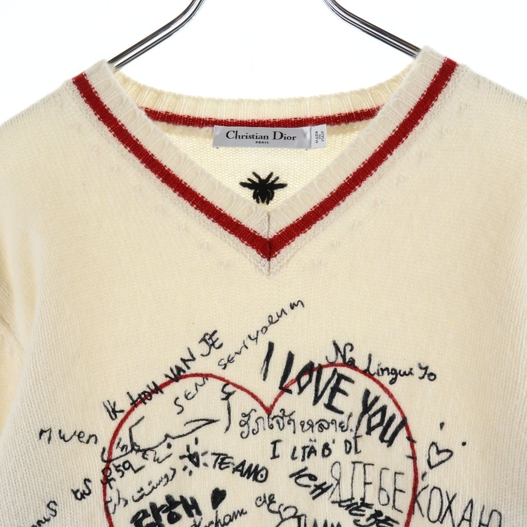 Dior I Love You Embroidery V-neck Long Sleeve Pullover Sweater Ivory Red — view 3