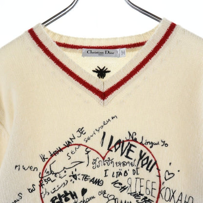 Dior I Love You Embroidery V-neck Long Sleeve Pullover Sweater Ivory Red — view 3