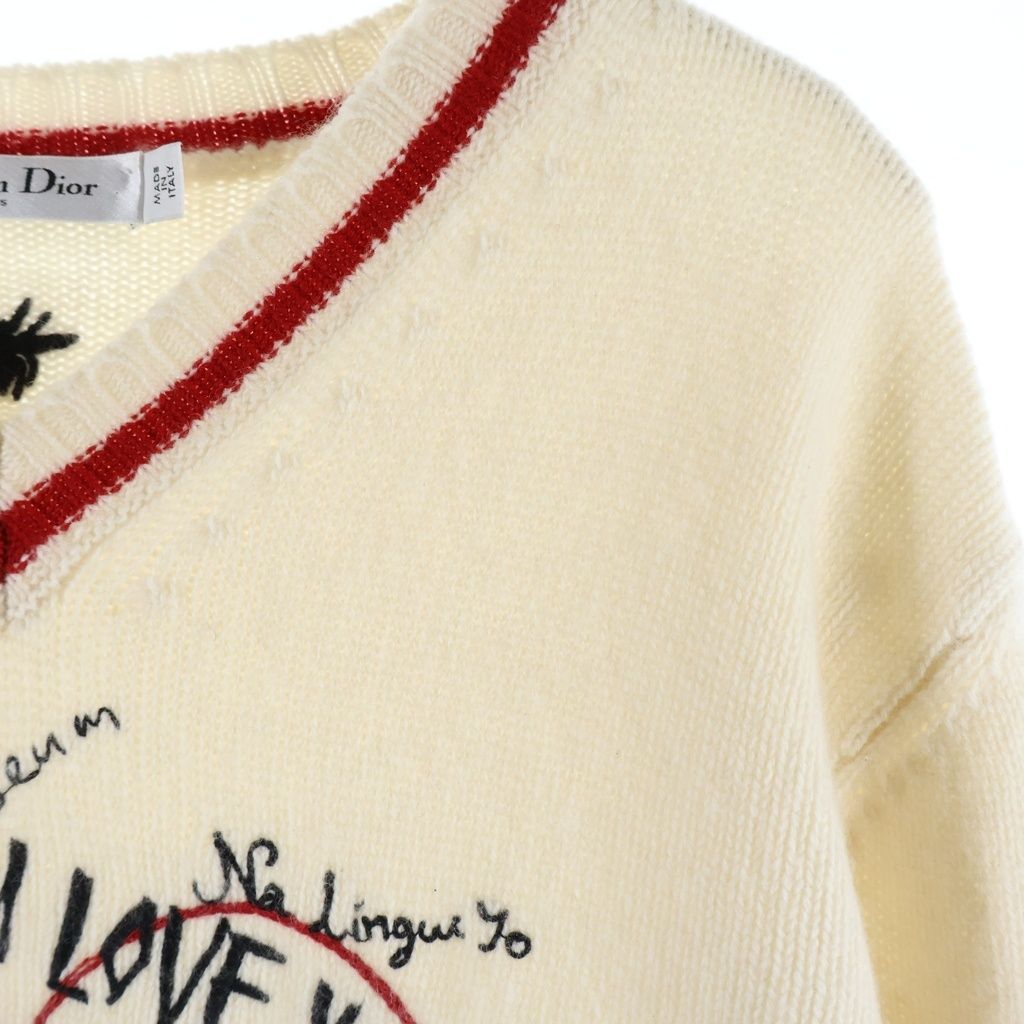 Dior I Love You Embroidery V-neck Long Sleeve Pullover Sweater Ivory Red — view 5