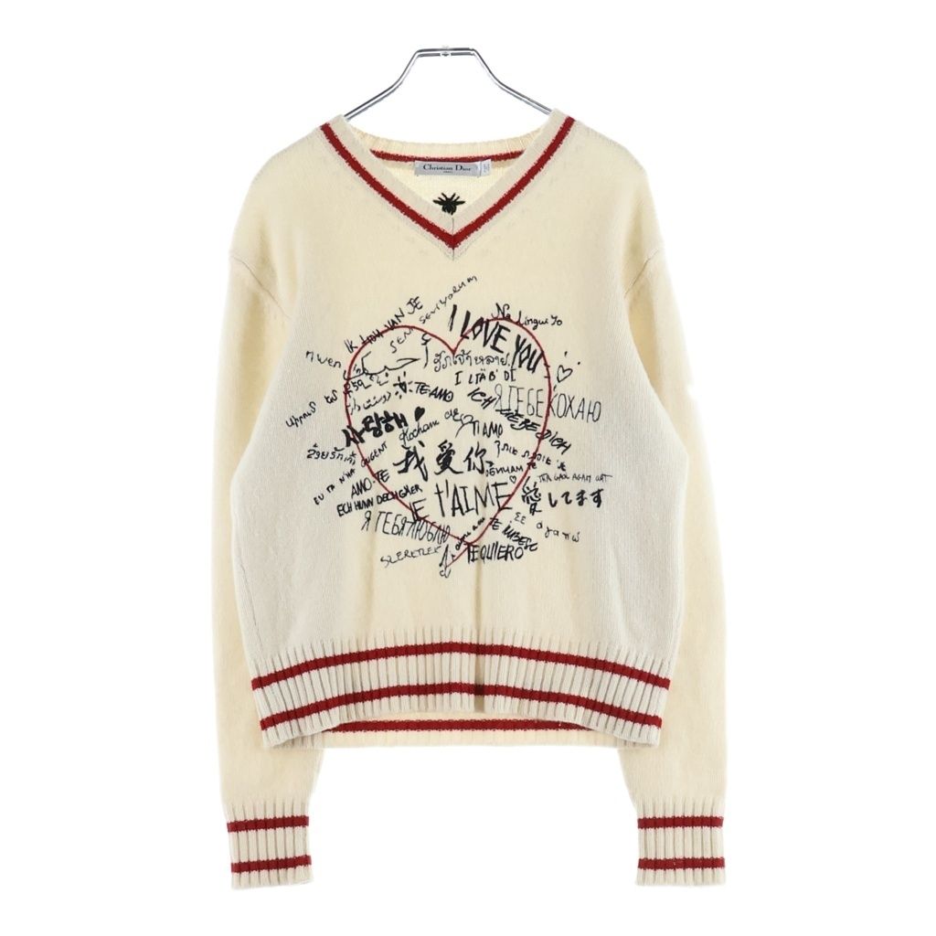 Dior I Love You Embroidery V-neck Long Sleeve Pullover Sweater Ivory Red