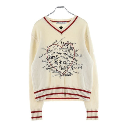 Dior I Love You Embroidery V-neck Long Sleeve Pullover Sweater Ivory Red