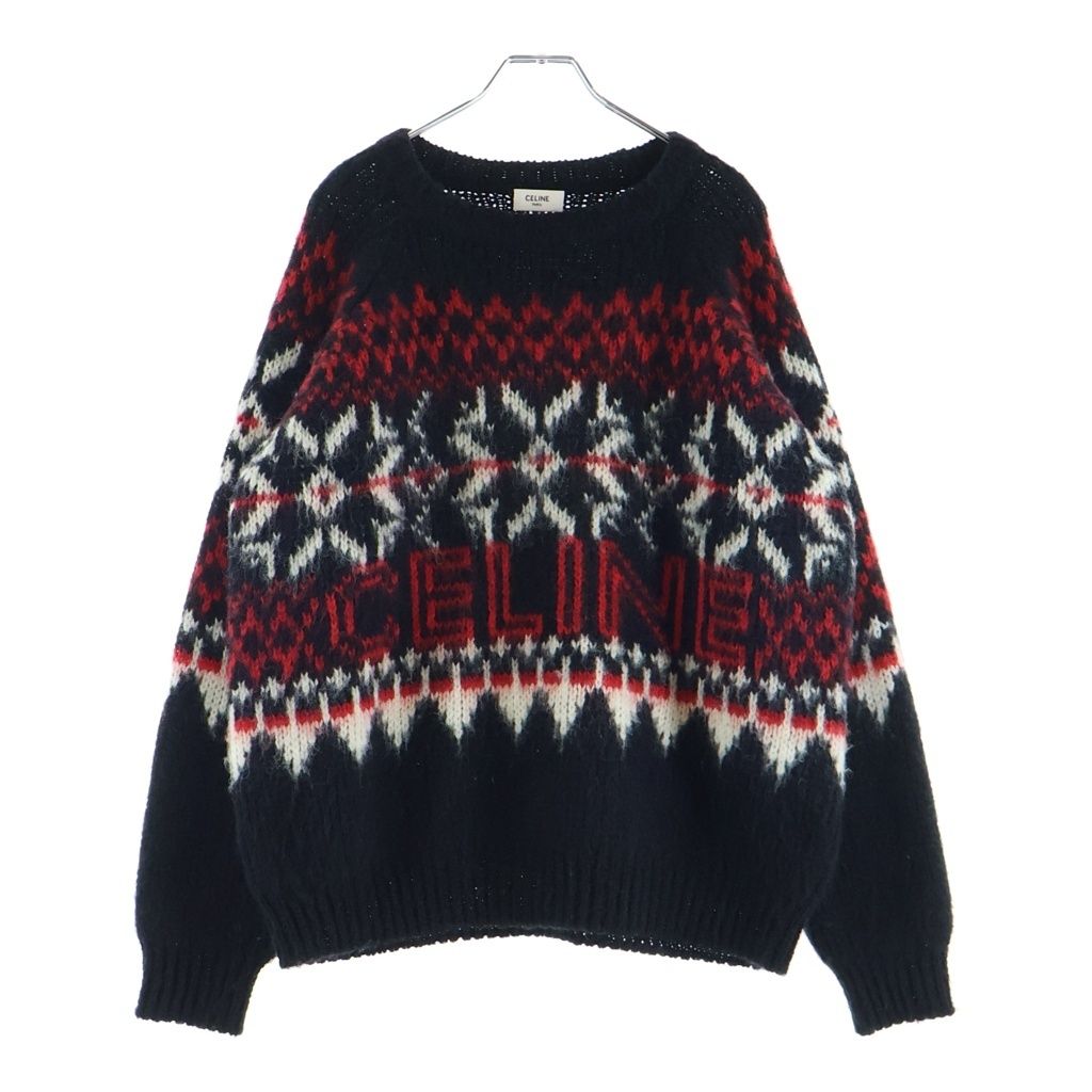 Celine Fair Isle Logo Knit Crew Neck Sweater Wool Black Red