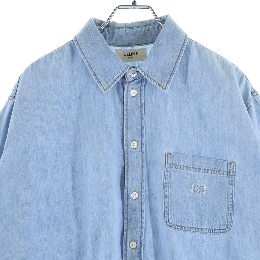 Celine Triomphe Short Sleeve Cropped Denim Shirt Logo Embroidery Indigo — view 3